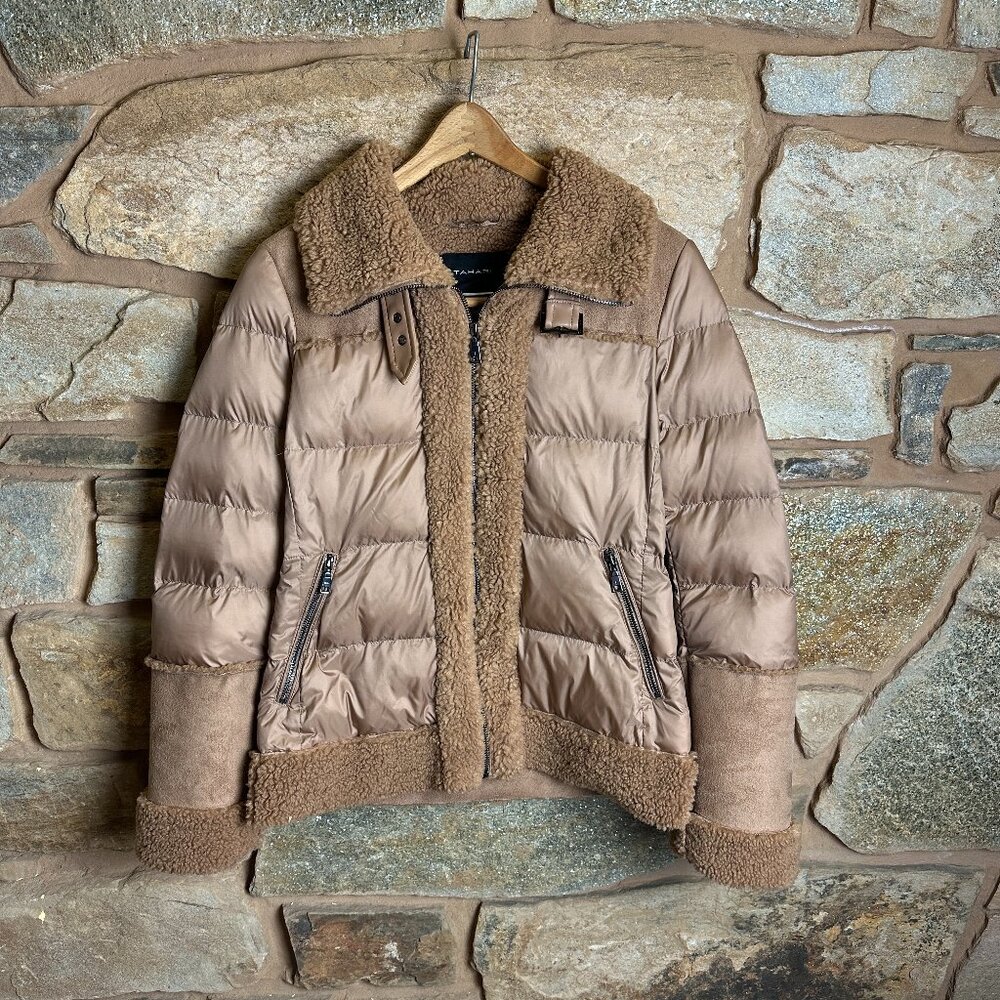 Tahari Brown Women's Faux-Fur-Trim Puffer Coat
